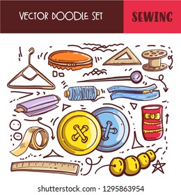 Set of Hand drawn Doodle Sewing tools. Vector Sewing icon set.
