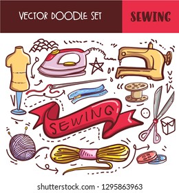 Set of Hand drawn Doodle Sewing tools. Vector Sewing icon set.