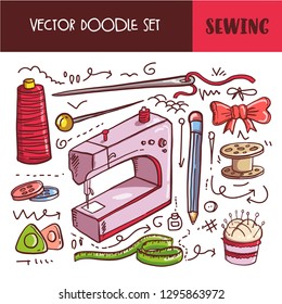 Set of Hand drawn Doodle Sewing tools. Vector Sewing icon set.
