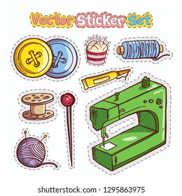 Set of Hand drawn Doodle Sewing Patches on Grid Paper
