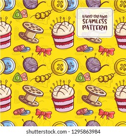 Set of Hand drawn Doodle Sewing with Yellow Background. Vector of Seamless Pattern