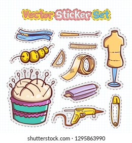 Set of Hand drawn Doodle Sewing Patches on Grid Paper