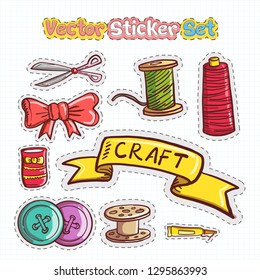 Set of Hand drawn Doodle Sewing Patches on Grid Paper