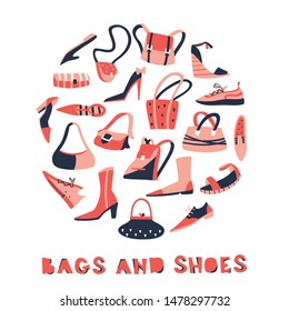 Set of Hand Drawn Doodle Shoes and Bags. Vector Illustration on White Background.