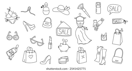 Set of hand drawn doodle shopping and fashion icons. Collection of design elements online shopping, sale, discount. Vector illustration isolsated on white background.