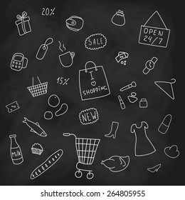 Set of hand drawn doodle shopping, products, goods elements