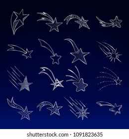 Set of hand drawn doodle silver stars and comets icons collection on a night sky background. Kids style skethes. Vector illustration.