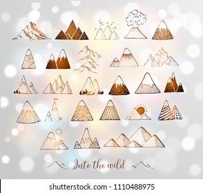 Set of hand drawn doodle sketch mountains on white glowing background.