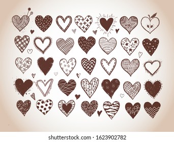 Set of hand drawn doodle sketch hearts in vintage style