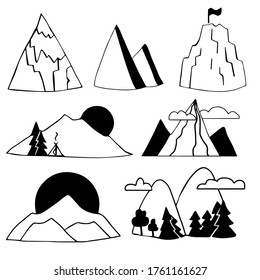 Set of hand drawn doodle sketch mountains. Doodles black silhouette of mountain. Landscape for logo emblem your design. Flat vector illustration isolated on white background
