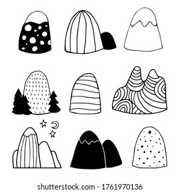 Set of hand drawn doodle sketch mountains. Doodles black silhouette of mountain. Landscape for logo emblem your design. Flat vector illustration isolated on white background