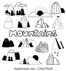 Set of hand drawn doodle sketch mountains. Doodles black silhouette of mountain. Landscape for logo emblem your design. Flat vector illustration isolated on white background
