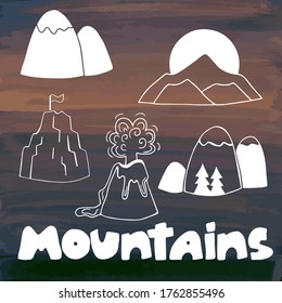 Set of hand drawn doodle sketch mountains. Doodles black silhouette of mountain. Landscape for logo emblem your design. Flat vector illustration with text isolated on gouache background