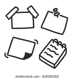 set of hand drawn doodle sketch memo pad, notebook, paper note, notepad illustration black isolated white background