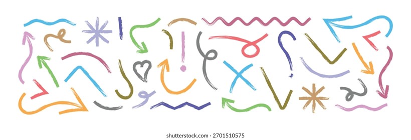 Set of Hand drawn doodle sketch colorful style line, grunge element set. Black ink random hand drawn scribbles set. Arrow, star, lines cross, checkmark, heart brush decoration. Vector illustration