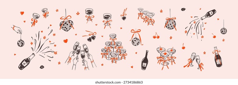 Set of hand drawn doodle sketch girly bachelorette, birthday, New Year, wedding, Valentines day disco parti graphic design elements. Cocktail tower with coquette bow, whimsical champagne glass drawing