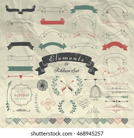Set of Hand Drawn Doodle Sketched Rustic Decorative Wedding Design Elements and Ribbons. Grunge Textured Ribbons and Badges on Crumpled Paper Background. Vintage Vector Illustration.
