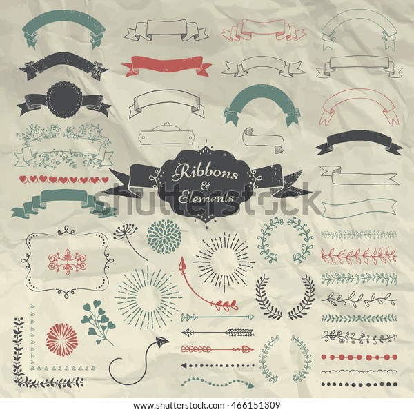 Set of Hand Drawn\
Doodle Sketched Rustic Decorative Wedding Design Elements and\
Ribbons on Crumpled Paper Texture. Grunge Textured Ribbons. Vintage\
Vector Illustration.