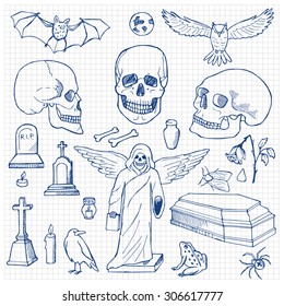 Set with hand drawn doodle skulls. Vector illustration for backgrounds, web design, design elements, textile prints, covers, posters