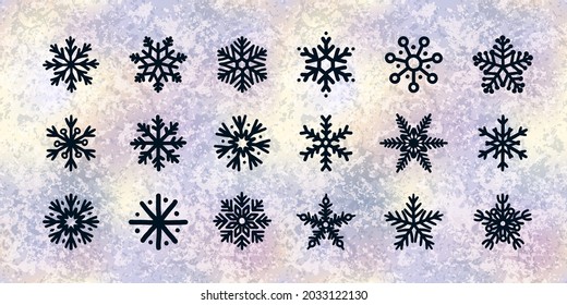Set of hand drawn doodle snowflakes icons on winter icy gradient background. New year and winter symbol, cute snowflake for print, web, design, decoration, logo or mobile app.