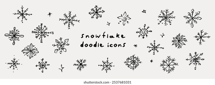 Set of hand drawn doodle snowflakes icons. New year and winter simple symbol, cute snowflake for print, web, design, decoration, logo or mobile app. Naive vector illustrations