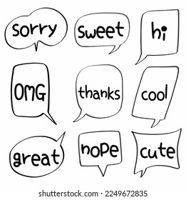un doodle de Perdona, Dios mío, dulce, gracias, no, hola, genial, lindo. ilustración de diseño vectorial, Lo siento, OMG, Dulce, gracias, no, hi, genial, genial, lindo