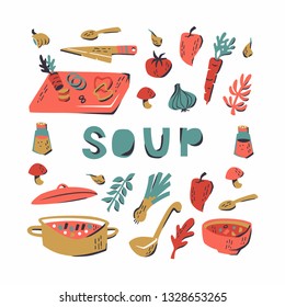 Set of Hand Drawn Doodle Soup Ingredients. Vector Illustration on White Background.