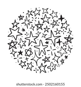Set of hand drawn doodle sparkling stars with round shapes isolated on white background.

