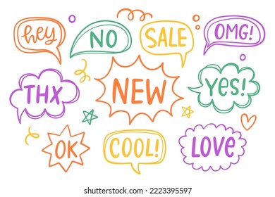 Set of hand drawn doodle speech bubbles with handwritten short phrases New, Yes, No, Love, Hey, Cool, Ok, Sale. Cute vector illustration Chat baloons collection