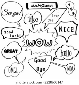 set hand drawn doodle speech bubbles of see ya, awesome, yes, like, i love you, good luck, wow, nice, great, hello, omg, goodbye, no. vector illustration icon design