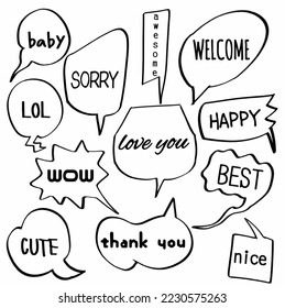 set hand drawn doodle speech bubbles of baby, sorry, awesome, welcome, LOL, love you, happy, wow, best, thank you, nice. vector design illustration icon