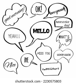 set hand drawn doodle speech bubbles of good mornig, ok, love you, yeah, hello, what's up, nice, bye, miss you, good luck, sweetheart, have a nice day. vector design illustration icon