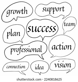 establecer burbujas de discurso de doodle a mano de crecimiento, plan, profesional, apoyo, equipo, éxito, acción, conexión, idea, visión. ilustración de diseño vectorial