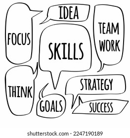 establecer burbujas de discurso de doodle dibujadas a mano de IDEA, FOCUS, THINK, GOALS, TRABAJO DE EQUIPO, HABILIDADES, ESTRATEGIA, ÉXITO. ilustración de diseño vectorial