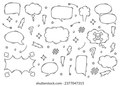 Set of hand drawn doodle speech bubbles. Simple hand drawn pen line speech bubble, cloud, balloon frame for text border. Doodle elegant dialog bubble. Vector illustration
