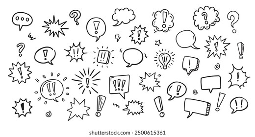 Set of hand drawn doodle speech bubbles. Cute Doodle pen line elements. Hand drawn doodle sketch style circle, cloud speech bubble grunge element set. Vector illustration.