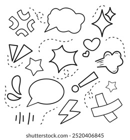 Conjunto de burbujas de discurso de doodle dibujadas a mano. Ilustración vectorial.