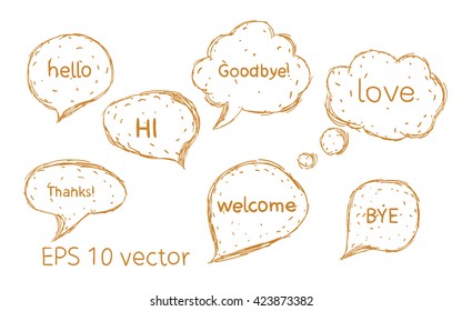 Set Hand drawn doodle speech bubbles with no fill. Speak fun dialog. Vector isolated on white background.