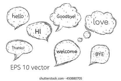 Set Hand drawn doodle speech bubbles with no fill. Conversation cloud. Speak fun dialog. Vector isolated 