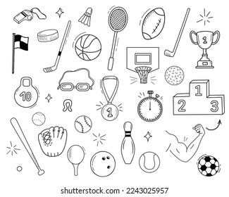 Set of hand drawn doodle sport icons. Vector clipart isolated on white. Basketball, baseball, tennis, golf and bowling.