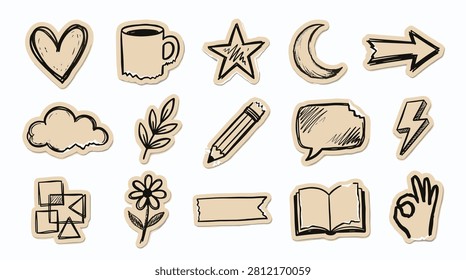 Set of hand drawn doodle stickers featuring a collection of icons. Includes symbols for love, drinks, celestial bodies, direction, weather, nature, education, communication, energy, creativity, celebration, and positivity. Perfect for journaling, scrapbooking, and creative projects.