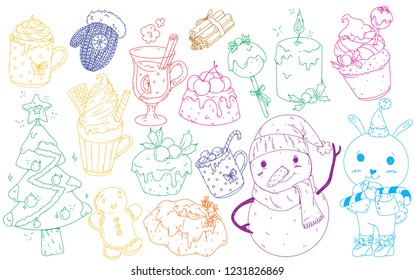 A set of hand drawn doodle style illustrations in a christmas theme. desserts, drinks, snowman, bunny, mittens, christmas tree. cute kids style
