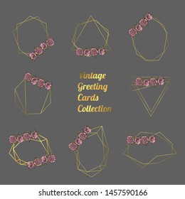 Set of hand drawn doodle style polygonal garlands with peony flowers, vintage metal geometric frames, floral design elements. isolated on white background. stock vector illustration