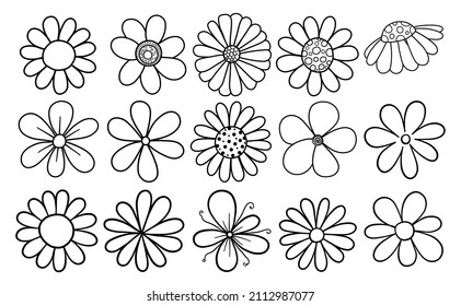 A Set Of Hand Drawn Doodle Style Daisy Flowers In Simple Black Line.
