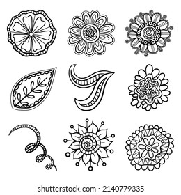 A set of hand drawn doodle style, folk art floral design elements.

