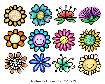 A set of hand drawn doodle style spring flower elements with watercolor tint.

