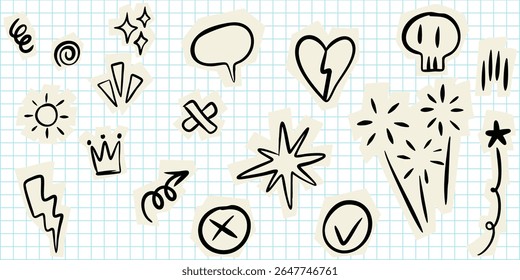 set of hand drawn doodle style stickers on a blue grid paper background. Includes symbols lightning bolts, stars, fireworks, speech bubbles, broken heart, crown, skull, check mark, and sunburst.