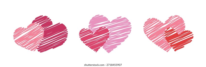 Set of hand drawn doodle style heart shape flat vector illustration.
Heart with diagonal Scribble effect. 
For celebrating Valentine's Day, wedding,  mother's day, or birthday.
White background.