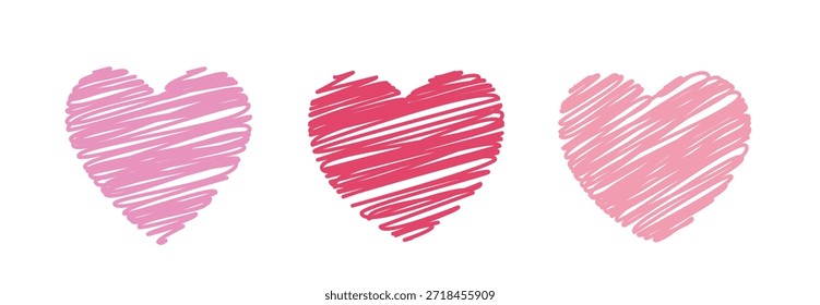 Set of hand drawn doodle style heart shape flat vector illustration.
Heart with diagonal Scribble effect. 
For celebrating Valentine's Day, wedding,  mother's day, or birthday.
White background.