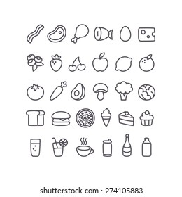 Set of hand drawn doodle style food icons: meat and dairy, fruits and vegetables, processed food and drinks.